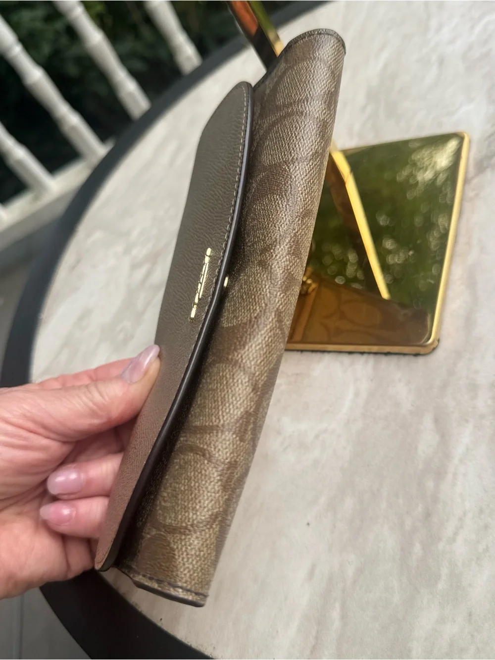 Coach Slim Metallic Envelope Wallet in the Khaki Platinum colorway